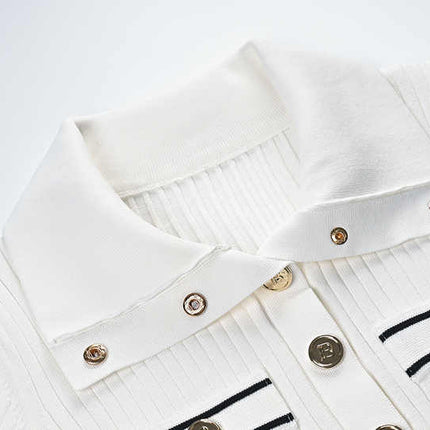 White Ribbed Texture Fitted Collared Sweater with Gold Buttons and Decorative Pockets