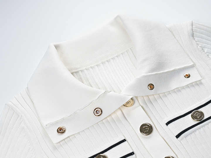 White Ribbed Texture Fitted Collared Sweater with Gold Buttons and Decorative Pockets