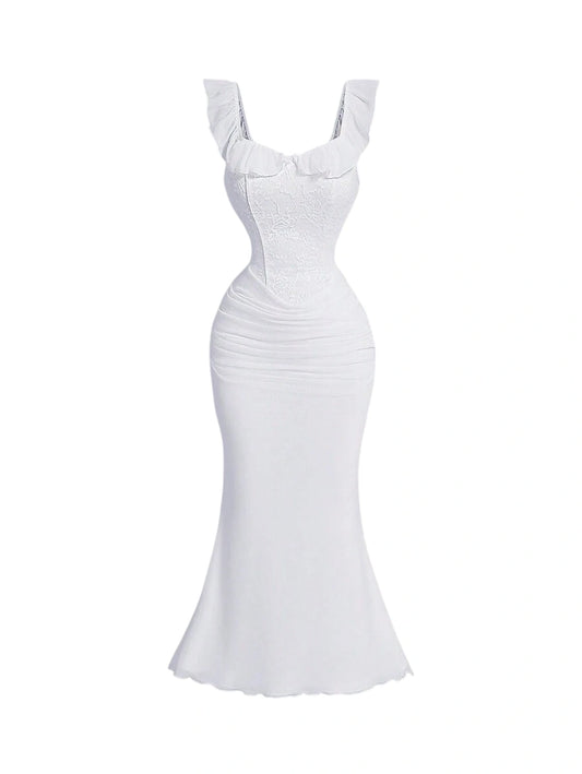 White Ruffled Collar Ruched Romantic Dress For WomenWedding Women DressesElegant DressBachelorette