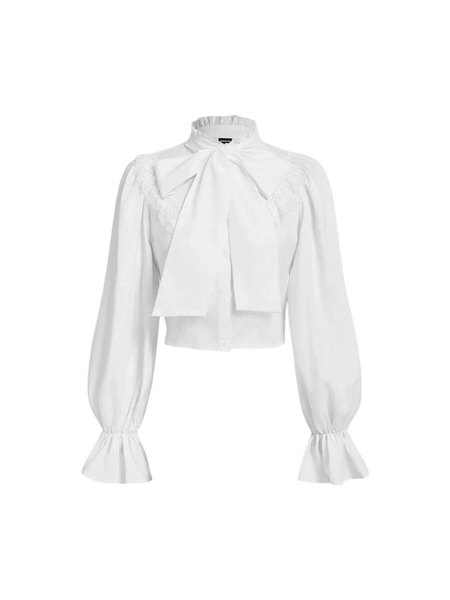 White Ruffled LongSleeved Blouse With Big BowLong Sleeve Tops