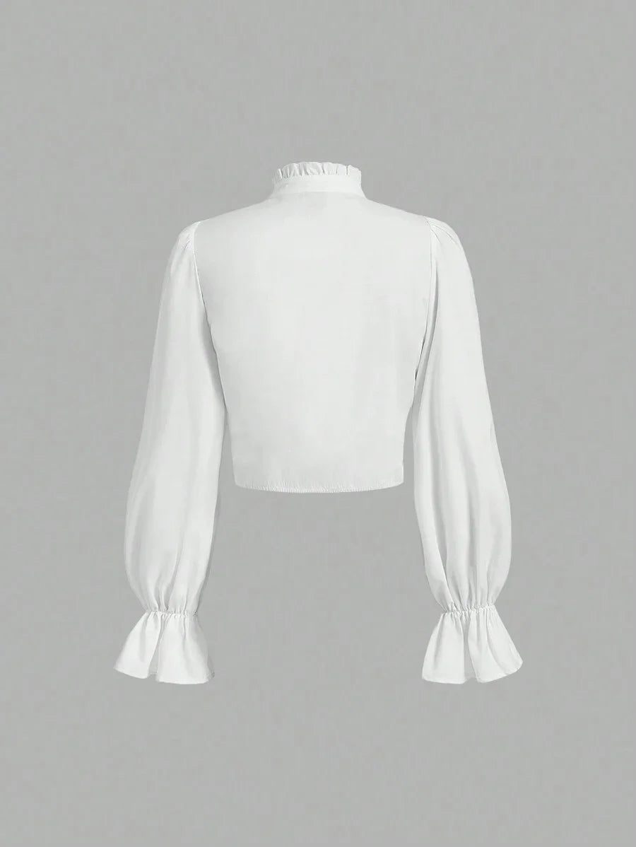 White Ruffled LongSleeved Blouse With Big BowLong Sleeve Tops