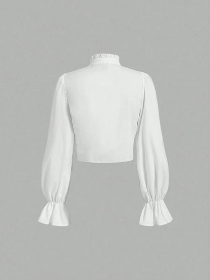 White Ruffled LongSleeved Blouse With Big BowLong Sleeve Tops