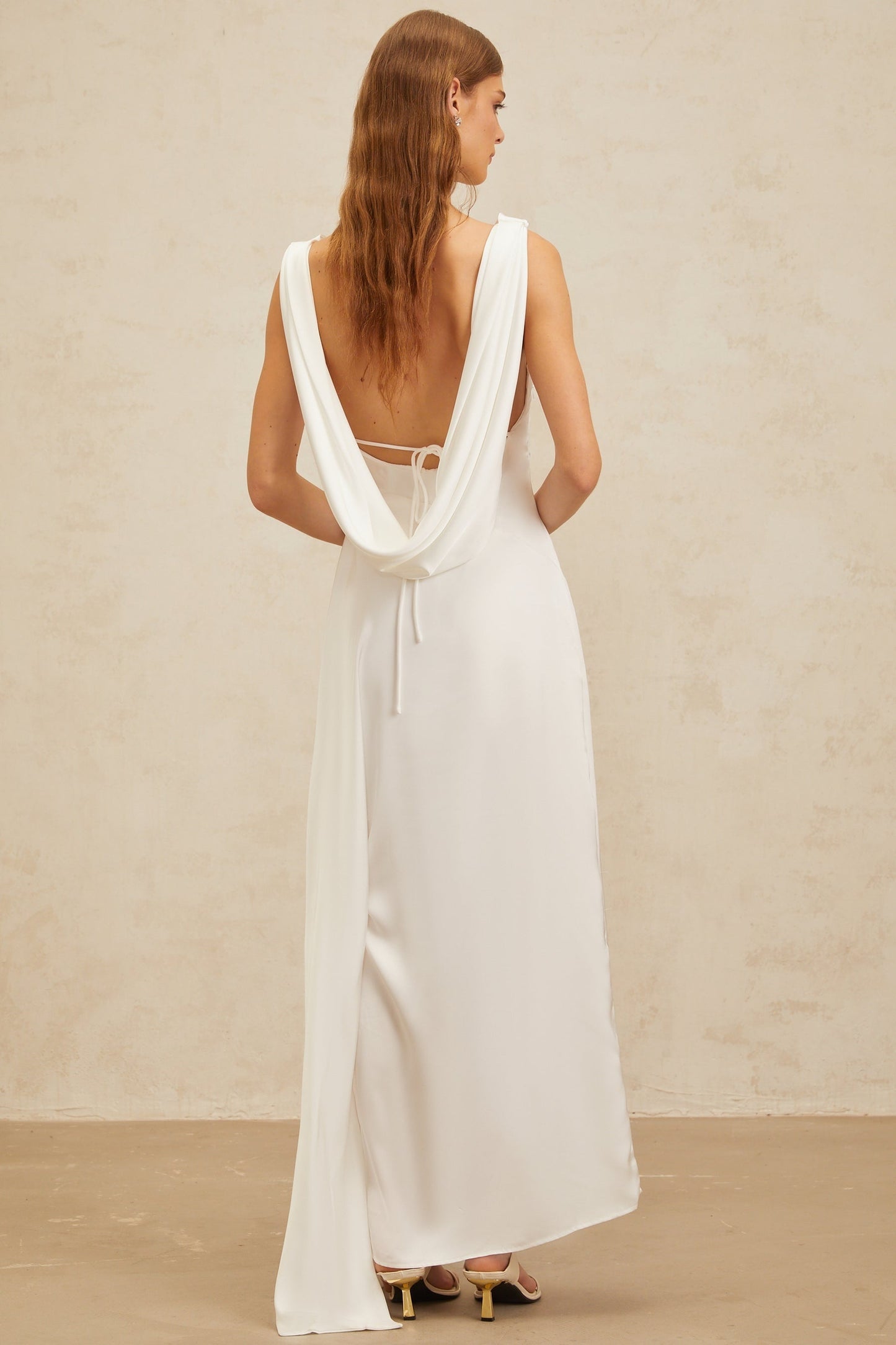 White satin cowl neck maxi dress with twist detailing and open back