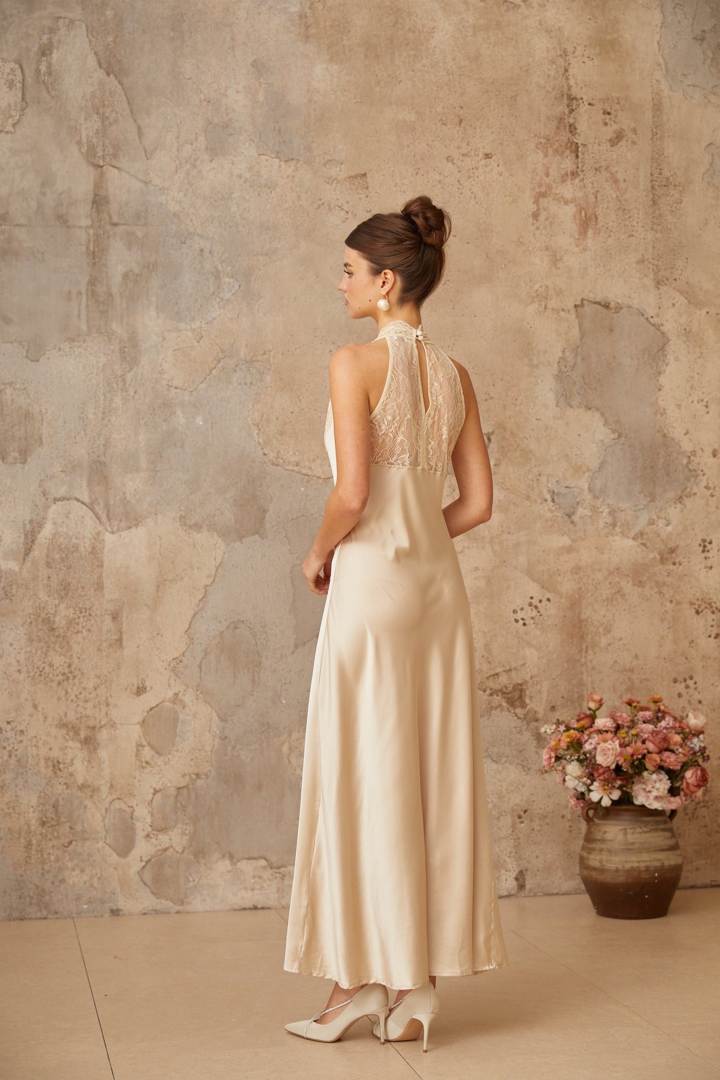 White satin maxi dress for women with lace trim details