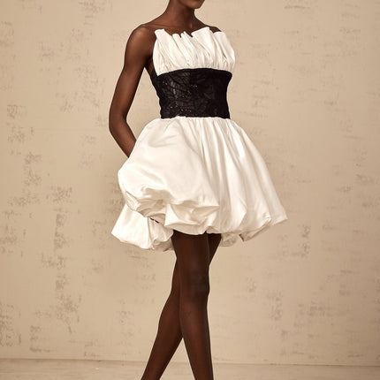 White satin mini dress with lace panels and puff sleeves called Eliane