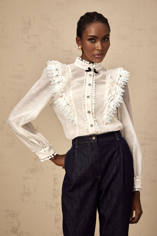 White semi sheer shirt with lace trim details named Capucine