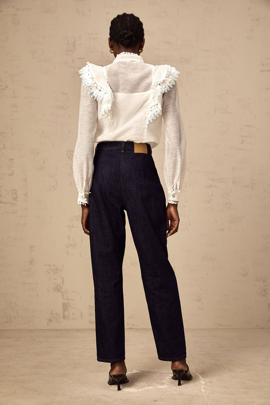 White semi sheer shirt with lace trim details named Capucine