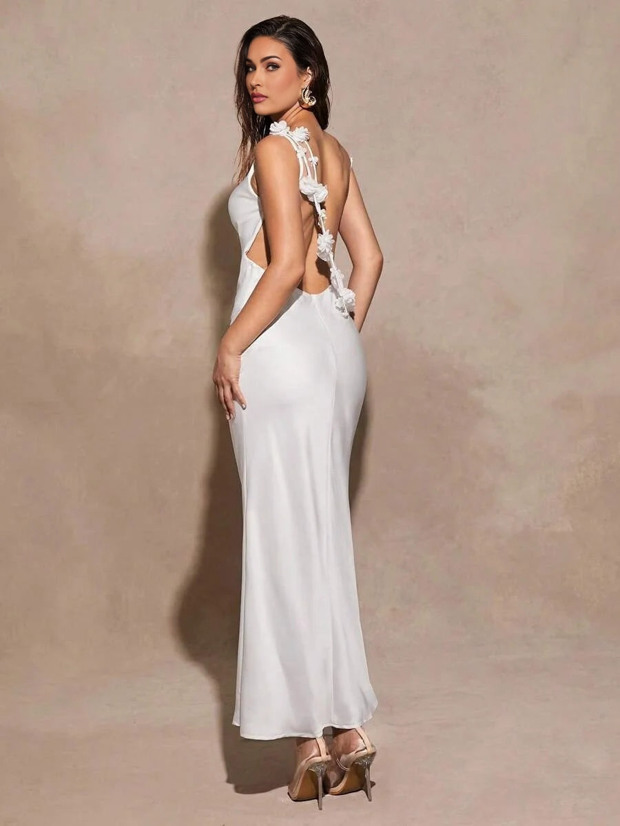 White Sexy Elegant Draped Neck Floral Applique Fishtail Backless Dress Suitable For Cocktail Party