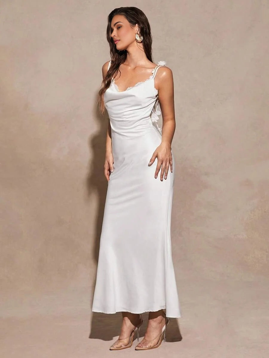 White Sexy Elegant Draped Neck Floral Applique Fishtail Backless Dress Suitable For Cocktail Party