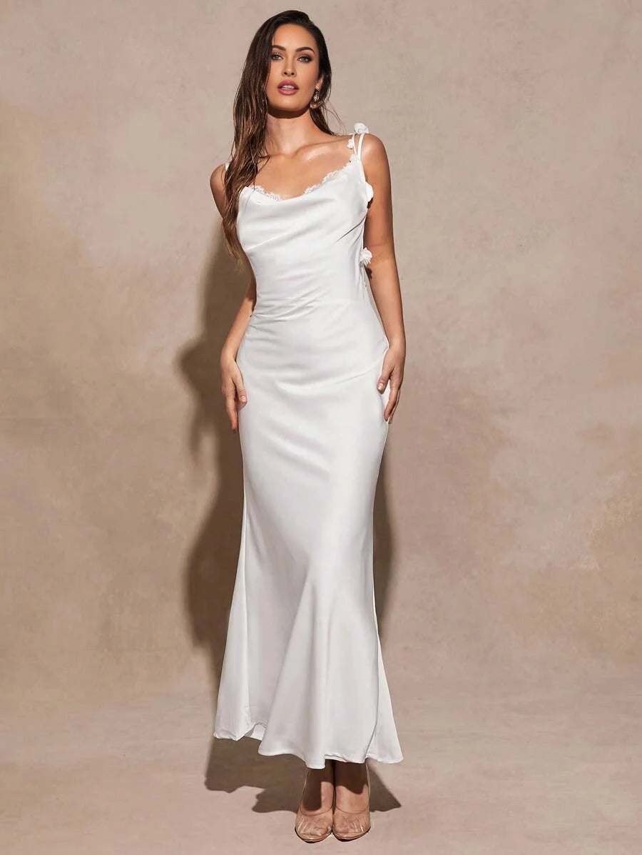 White Sexy Elegant Draped Neck Floral Applique Fishtail Backless Dress Suitable For Cocktail Party