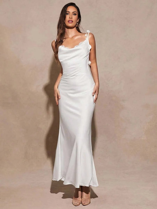 White Sexy Elegant Draped Neck Floral Applique Fishtail Backless Dress Suitable For Cocktail Party