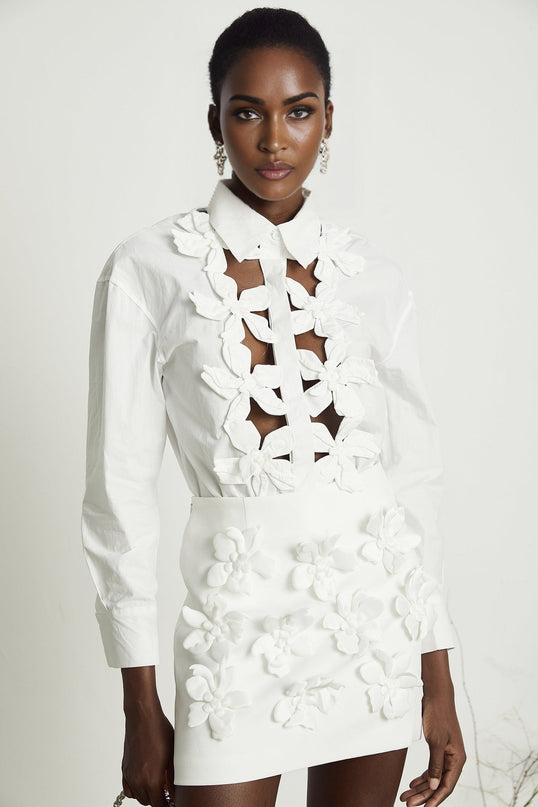 White shirt with floral pattern and cutout details named Rosalie