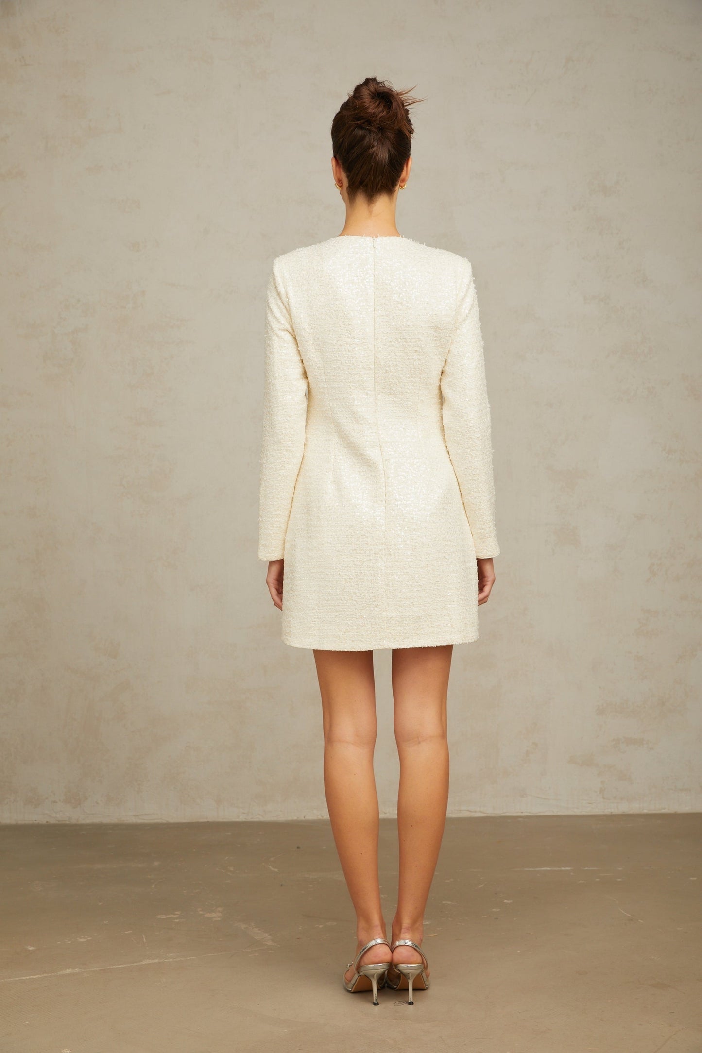 White short dress with sequin embellished tweed fabric in mini length and Angelique style