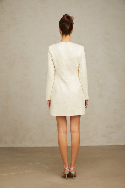 White short dress with sequin embellished tweed fabric in mini length and Angelique style