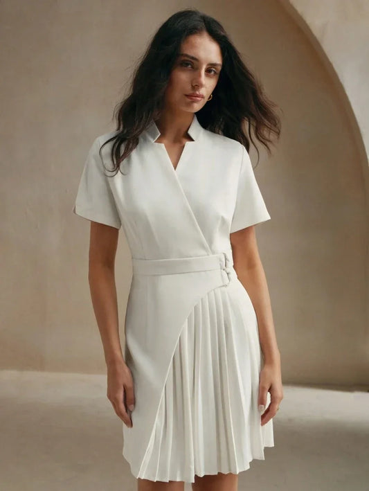 White Short Sleeve Pleated Asymmetrical Hem Stylish Urban Women Dress