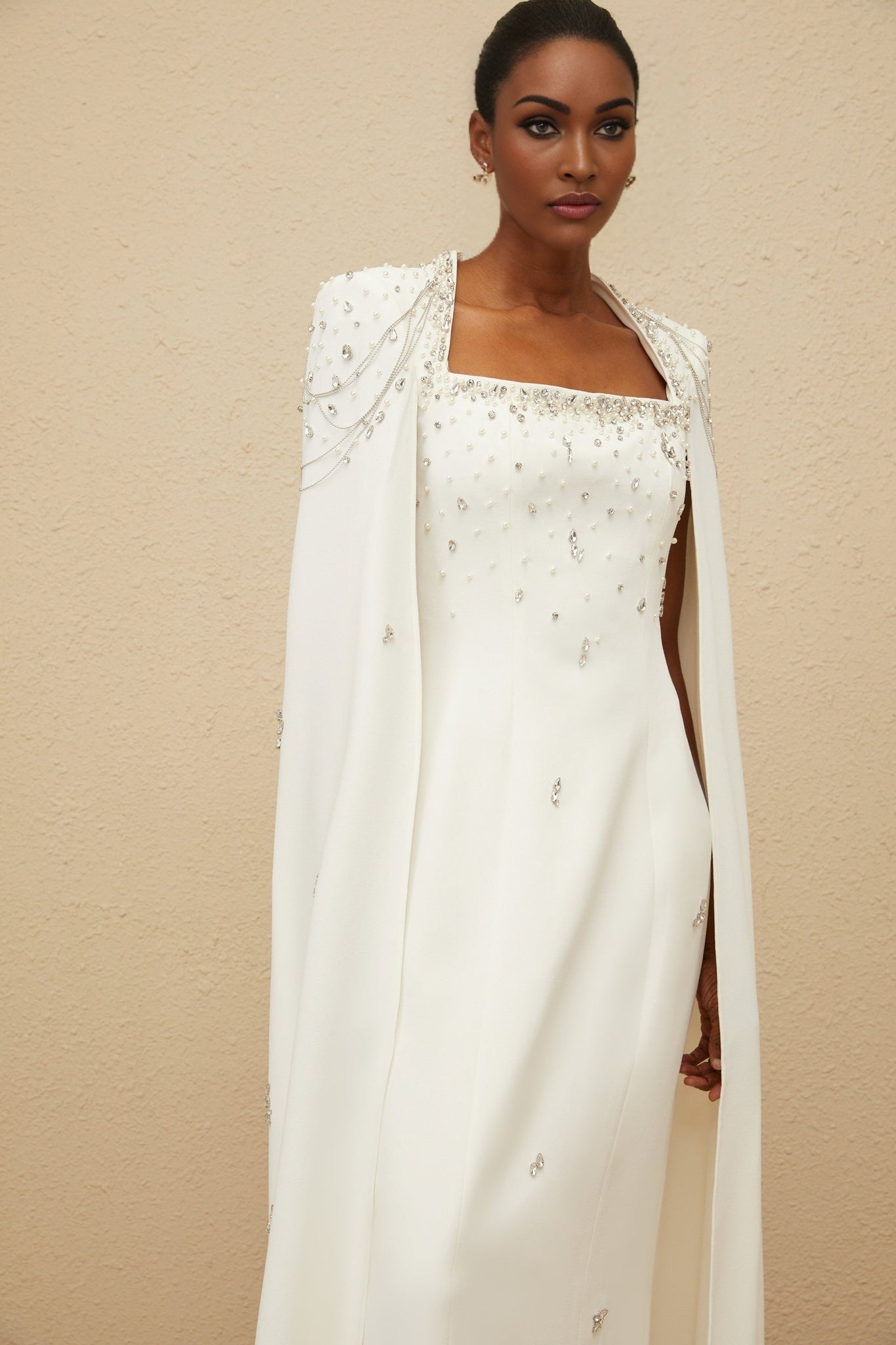 White Sleeveless Cape Dress with Faux Pearl, Crystal, and Bead Embellishments