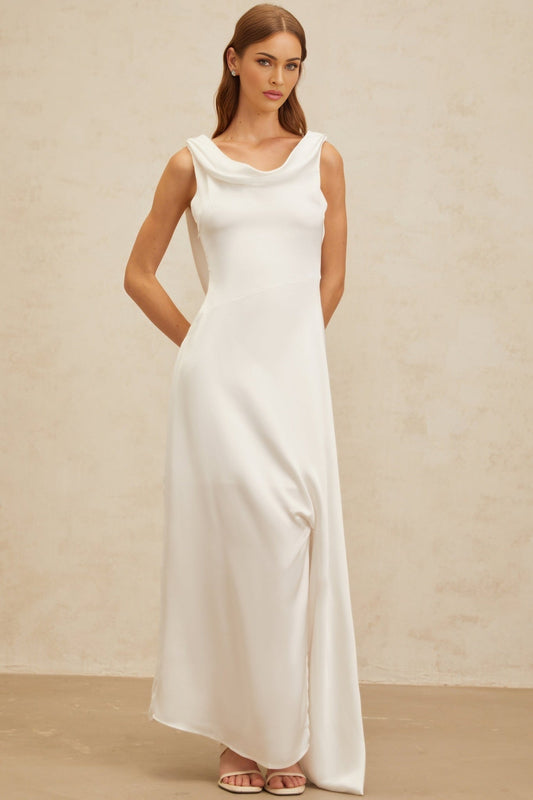 White sleeveless cowl neck maxi dress with twist detailing and satin finish