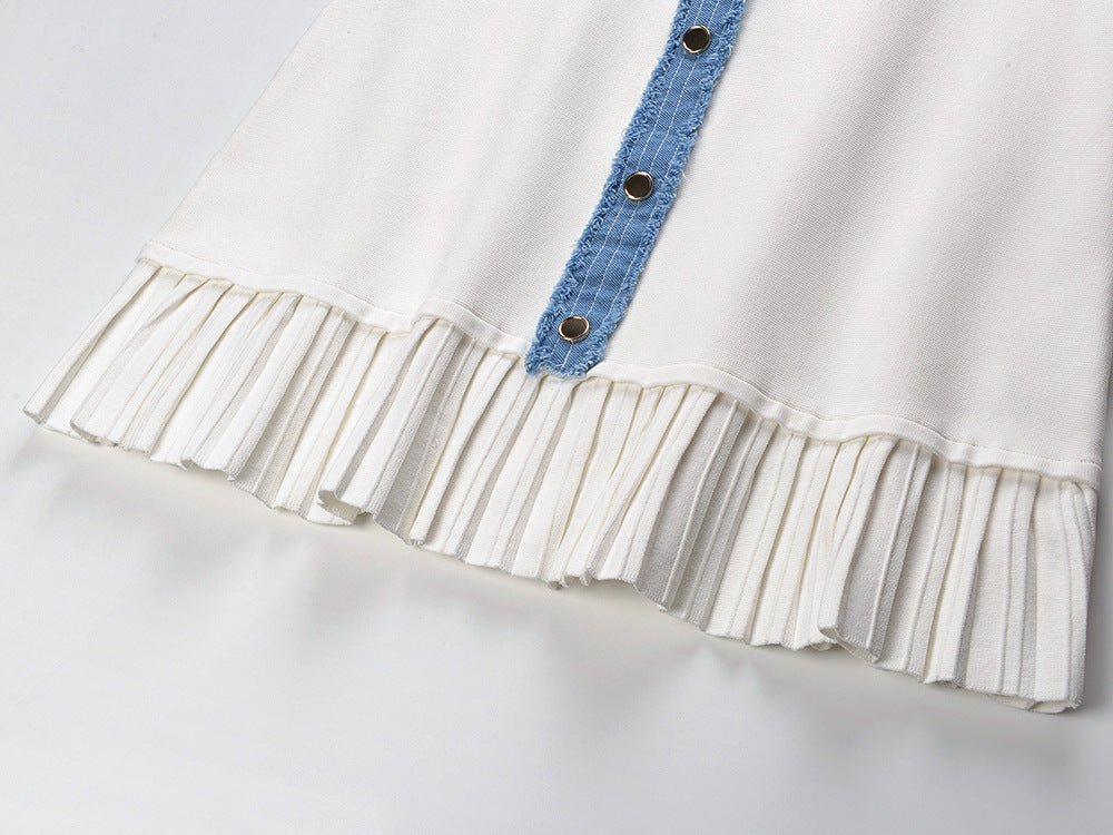 White Sleeveless Flared Hem Dress with Denim Trim and Gold Buttons