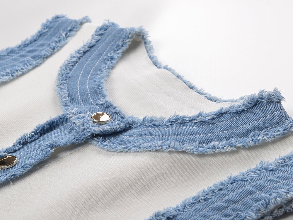 White Sleeveless Knit Dress with Denim Trim and Gold Buttons