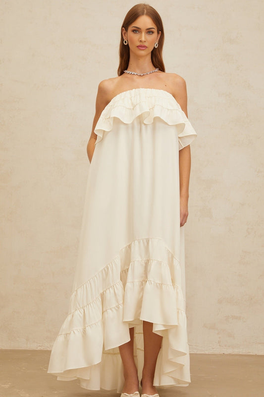 White Sleeveless Off the Shoulder Maxi Dress with Ruffled Detailing