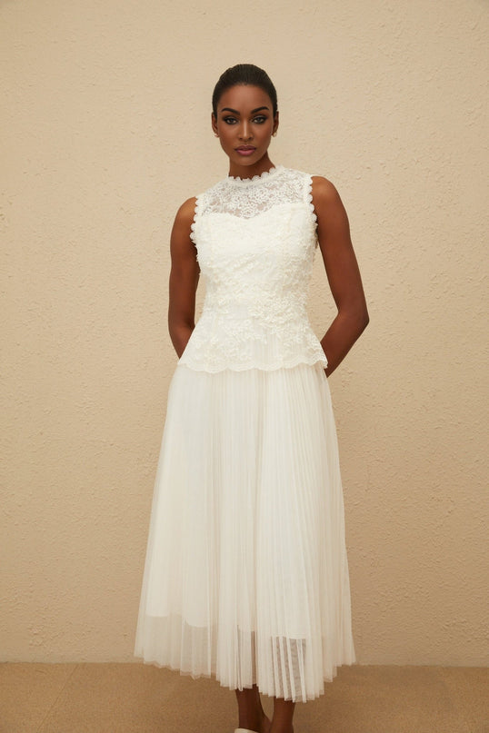 White Sleeveless Peplum Waist Floral Lace Midi Dress with Sequin Detailing