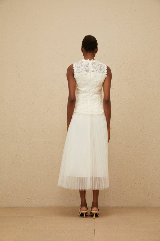 White Sleeveless Peplum Waist Floral Lace Midi Dress