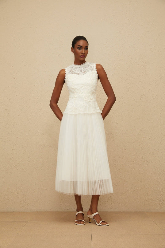 White Sleeveless Peplum Waist Lace Dress with Sequin Detailing