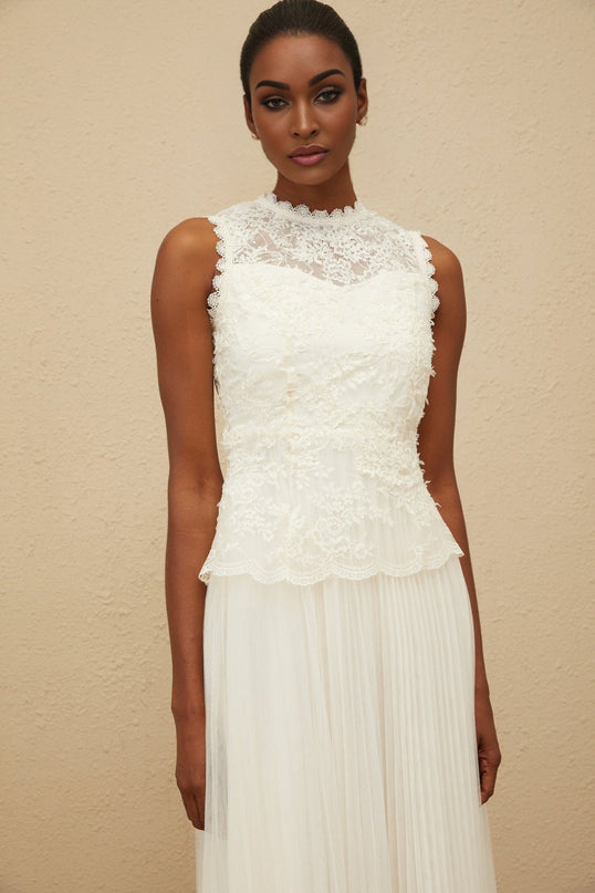 White Sleeveless Peplum Waist Lace Midi Dress with Sequin Detailing