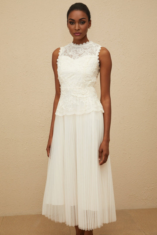 White Sleeveless Peplum Waist Midi Dress with Floral Lace and Sequin Detailing