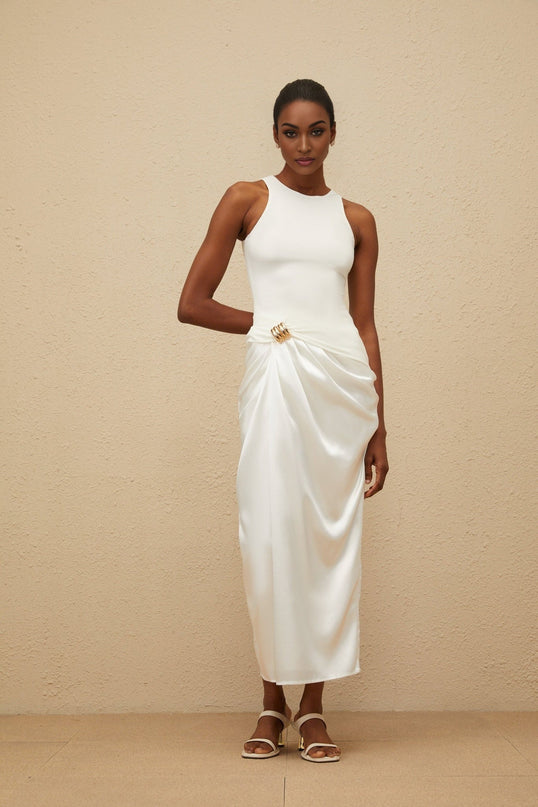 White Sleeveless Round Neck Midi Dress with Decorative Buckle and Ruched Detailing