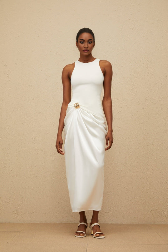White Sleeveless Round Neck Midi Dress with Decorative Buckle and Ruched Detailing