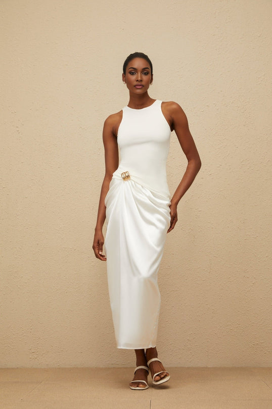 White Sleeveless Round Neck Midi Dress with Decorative Buckle and Ruched Detailing