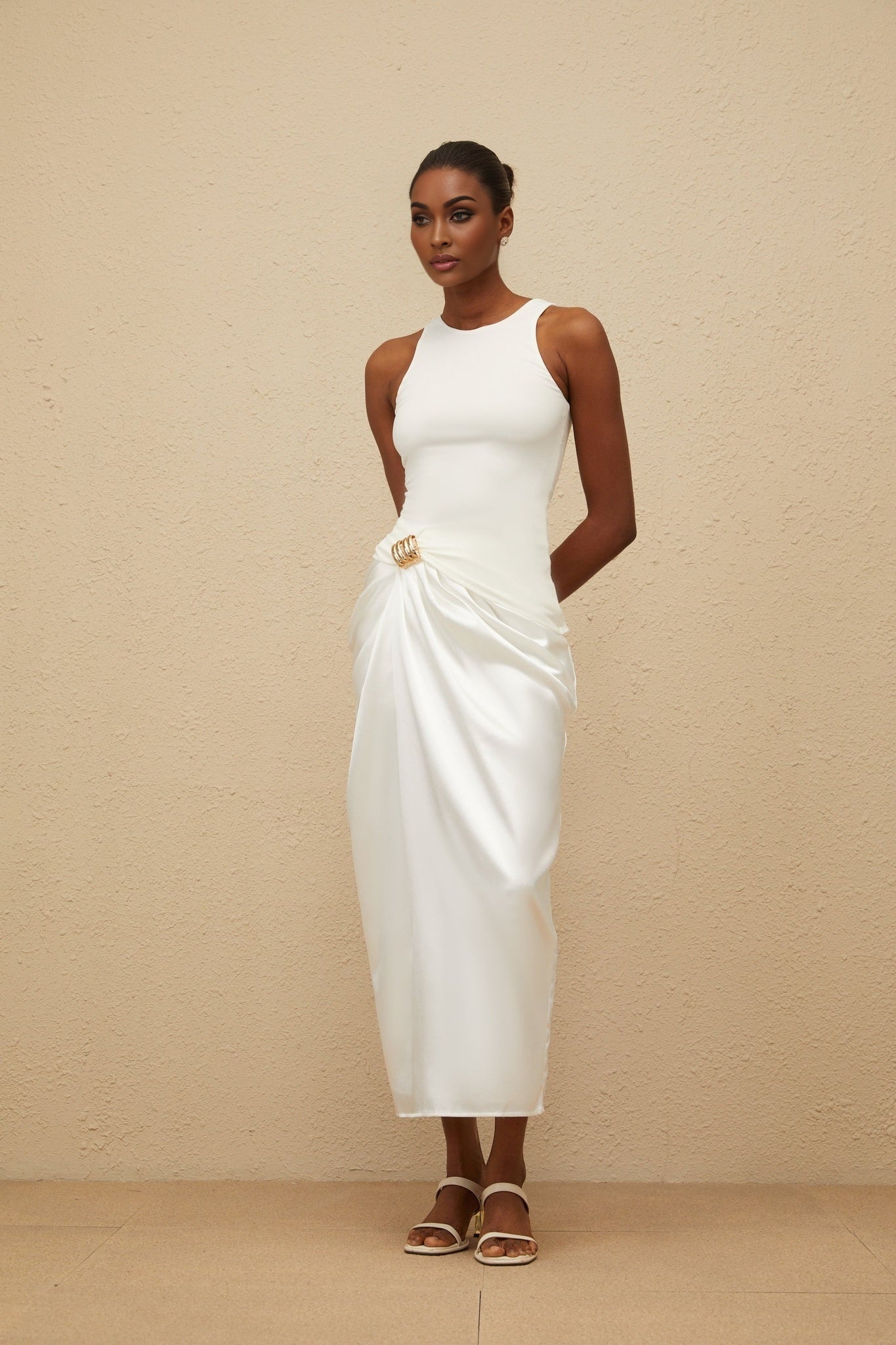 White Sleeveless Round Neck Midi Dress with Decorative Buckle and Ruched Detailing