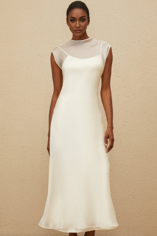 White Sleeveless Tulle Maxi Dress with Flared Hem