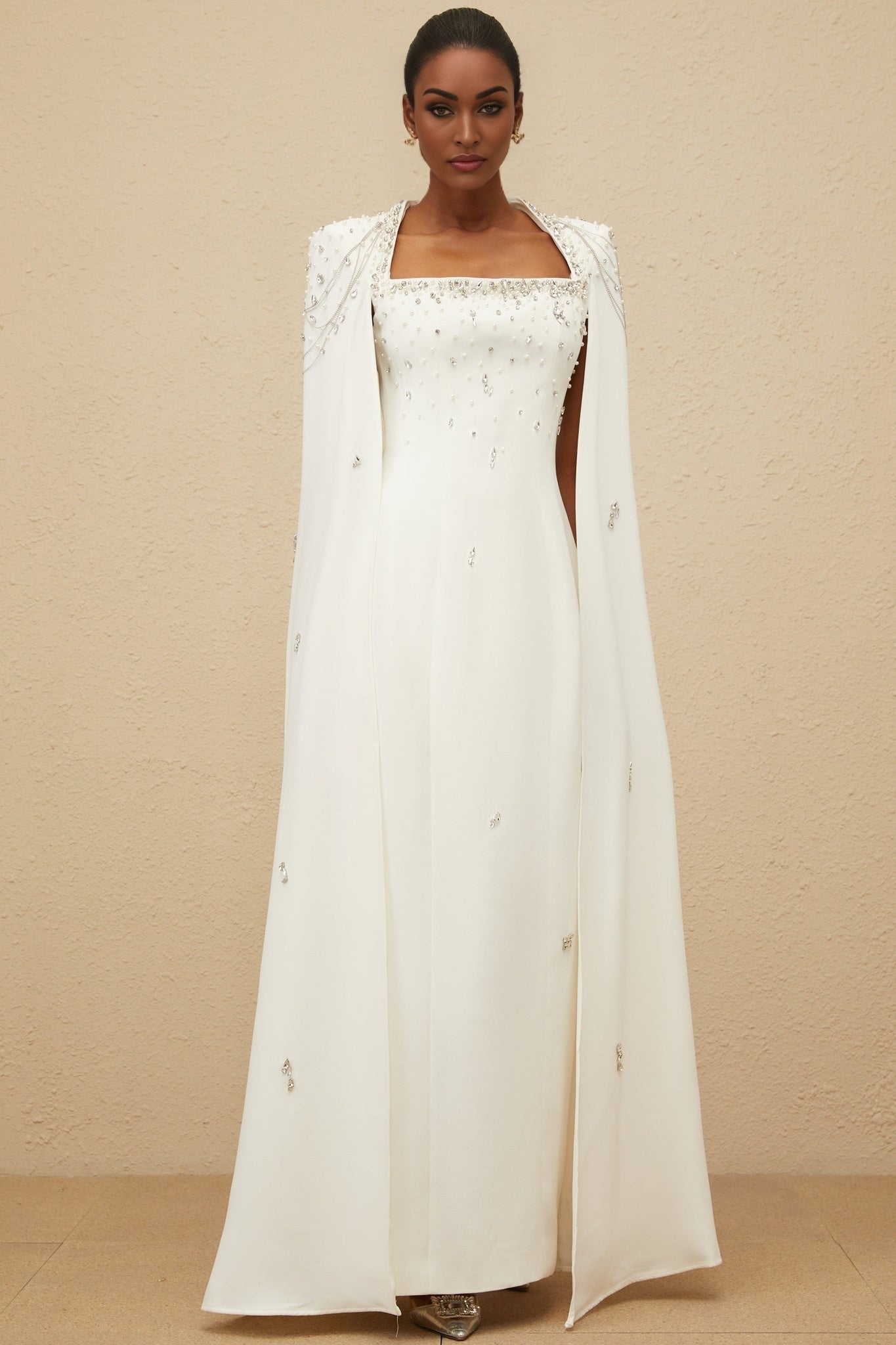 White Square Neck Cape Design Dress with Embellishments and Fringed Detailing