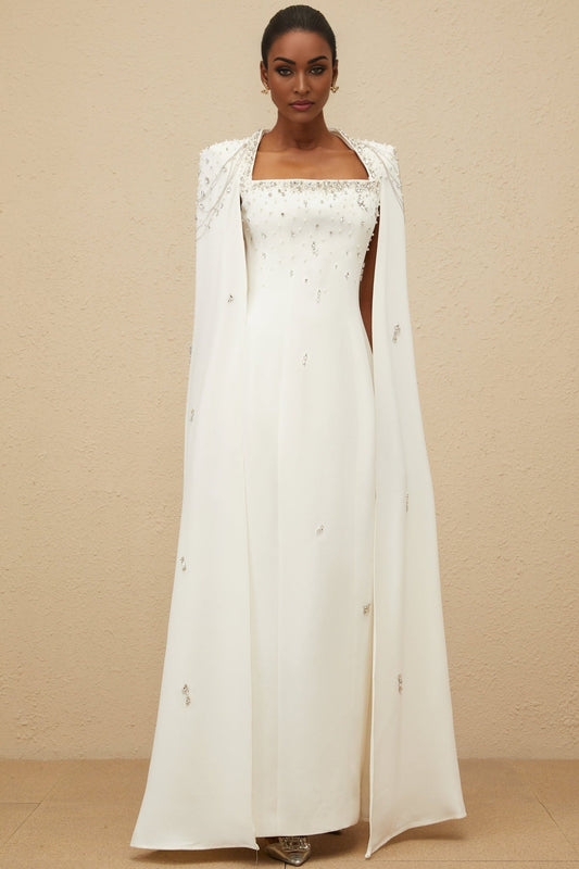 White Square Neck Cape Design Dress with Embellishments and Fringed Detailing