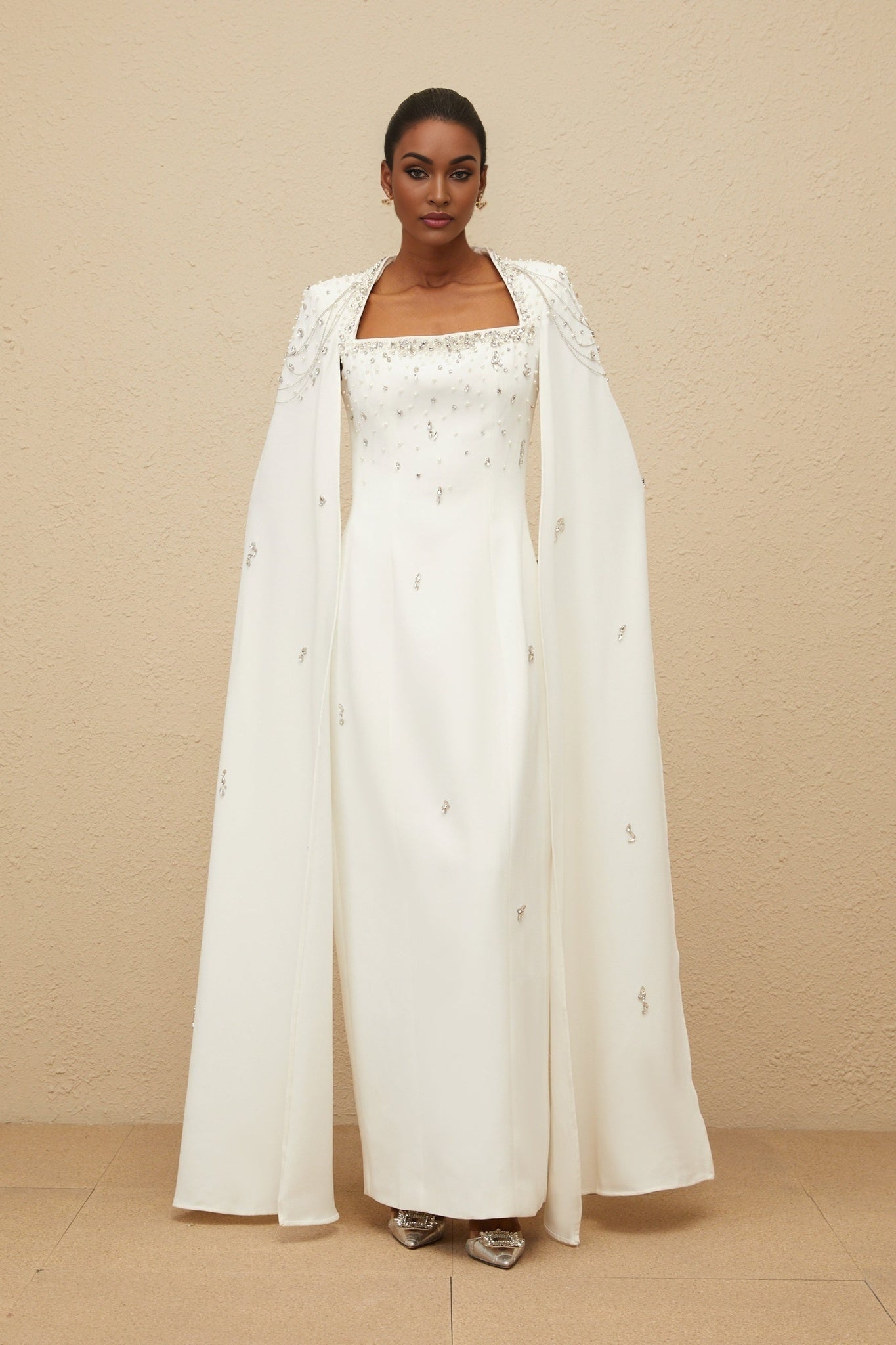 White Square Neck Cape Dress with Faux Pearl, Crystal, and Bead Embellishments and Fringed Detailing