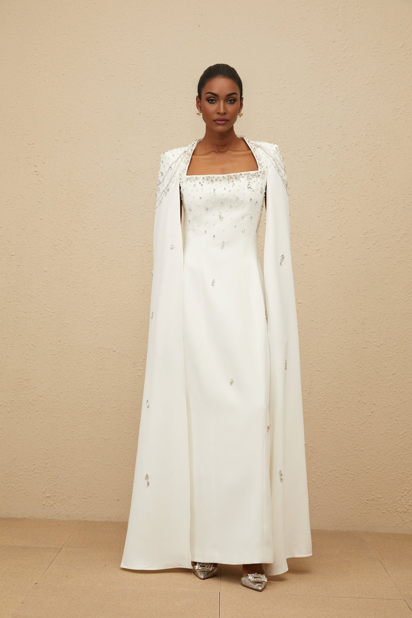 White Square Neck Cape Gown with Embellishments and Fringed Detailing