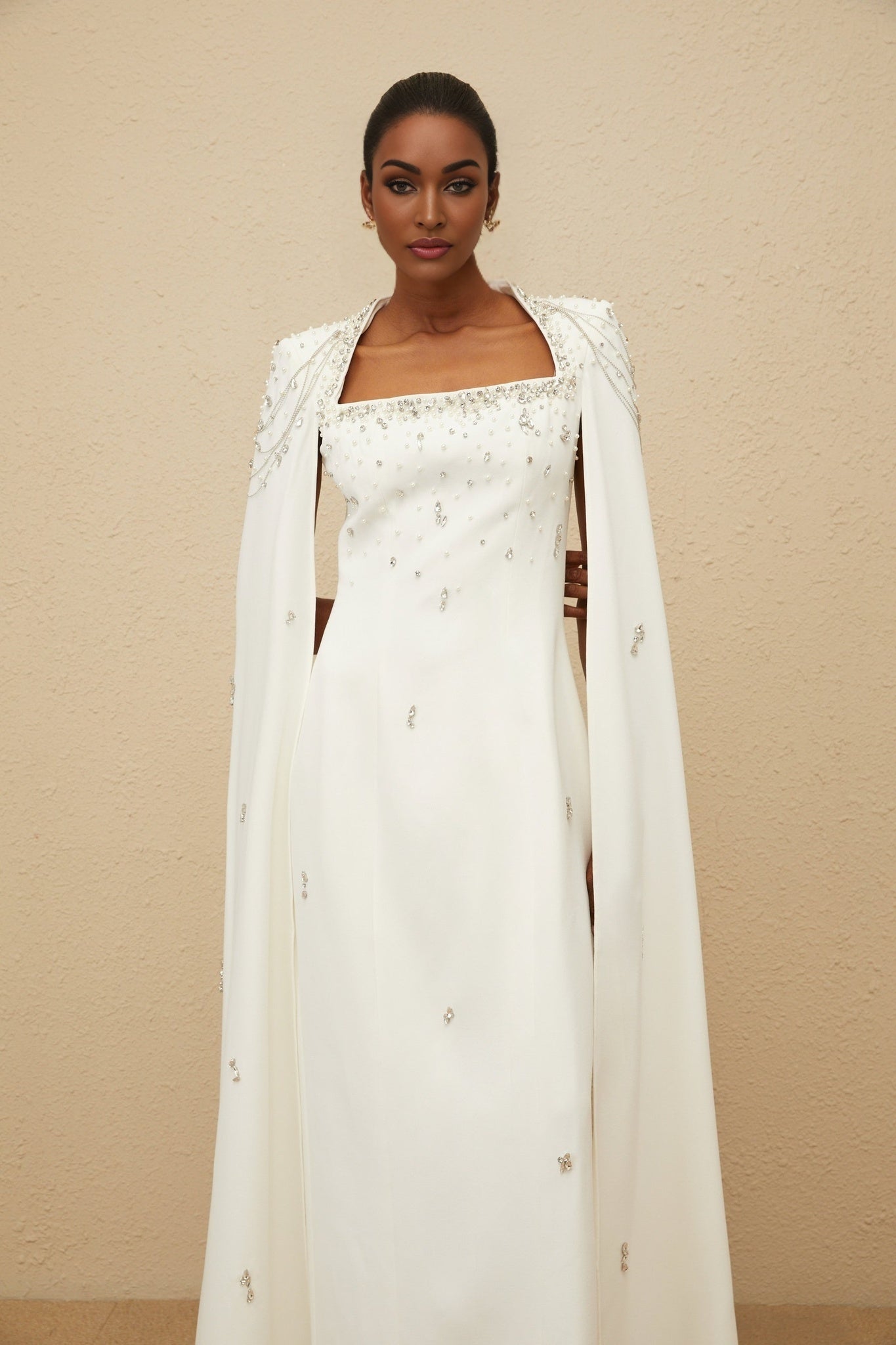 White Square Neck Cape Gown with Embellishments and Fringed Detailing