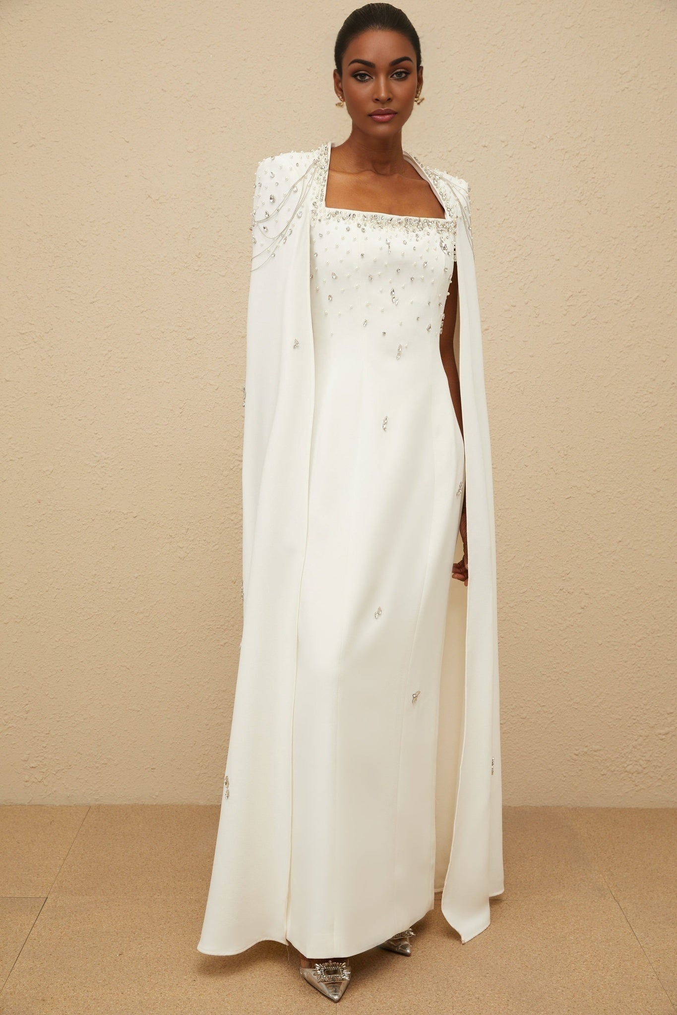 White Square Neck Sleeveless Cape Gown with Embellishments and Fringed Detailing