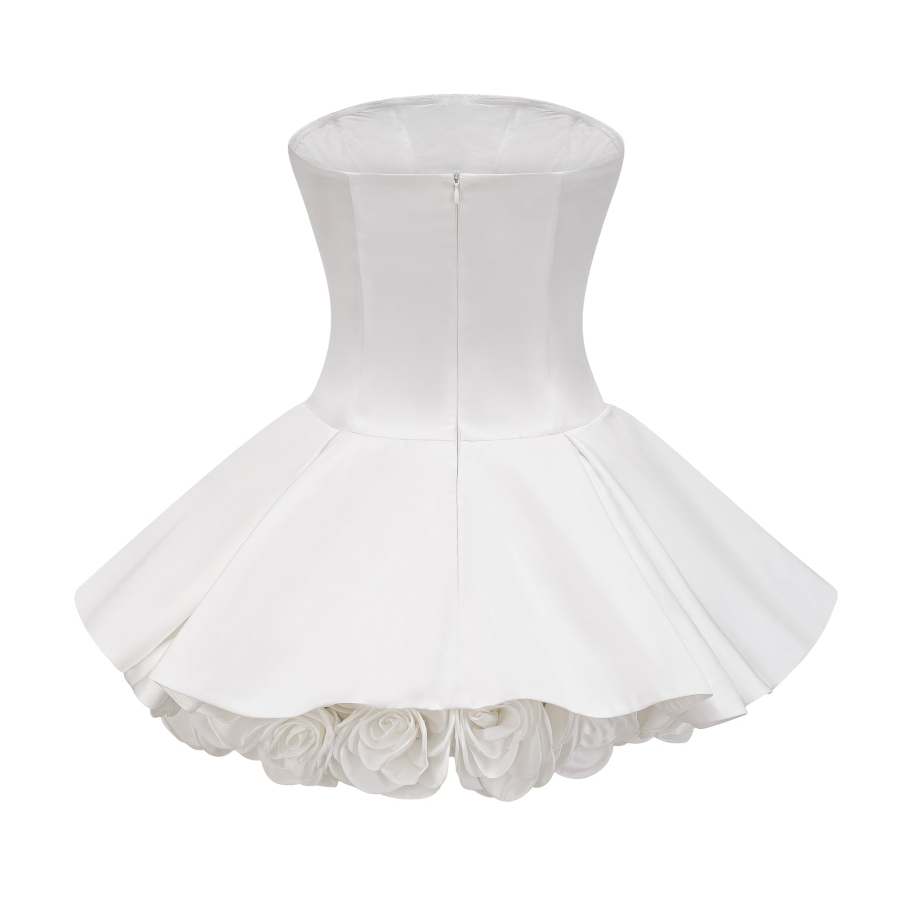 White strapless corset mini dress with floral petal details named Lucie