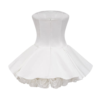 White strapless corset mini dress with floral petal details named Lucie