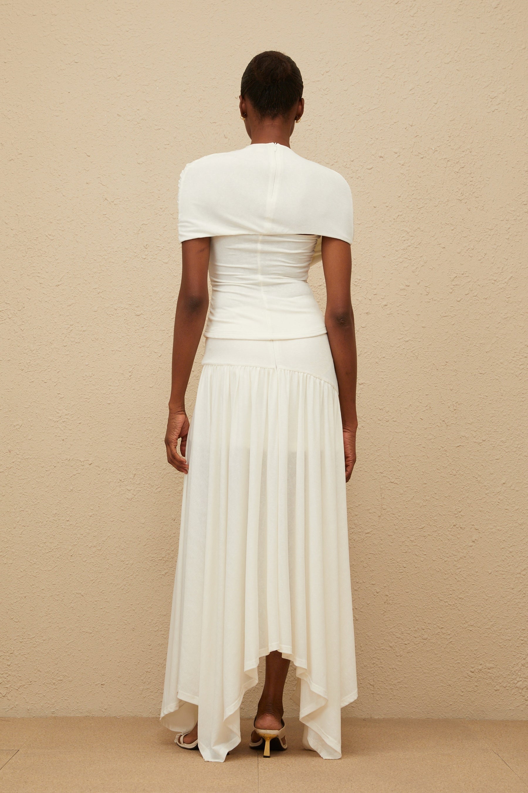 White Stretch Round Neck Asymmetrical Ruched Fitted Silhouette Cut-Out Detailing Rear Zip Fastening Top and Skirt Set