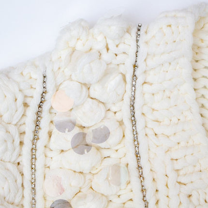 White V-neck cardigan sweater with bubble sleeves, cable knit texture, and sequin embellishments for women