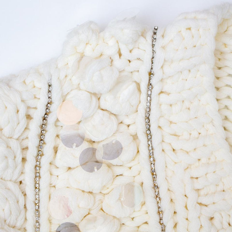 White V-neck cardigan sweater with bubble sleeves, cable knit texture, and sequin embellishments for women