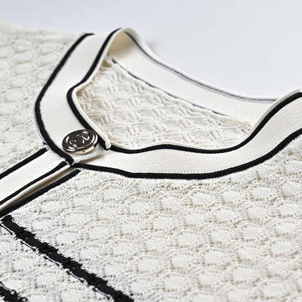 White Striped Cropped Cardigan and Midi Skirt Set