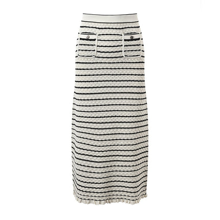 White Striped Cropped Cardigan and Midi Skirt Set