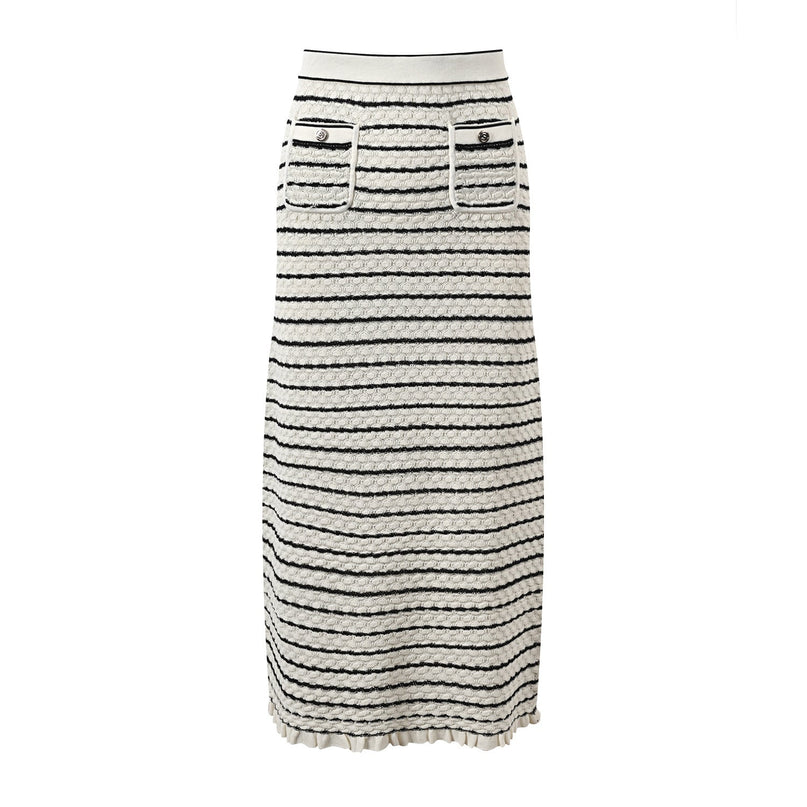 White Striped Cropped Cardigan and Midi Skirt Set
