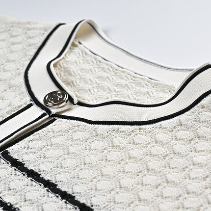 White Striped Midi Skirt and Cropped Cardigan Set in Cream and Black