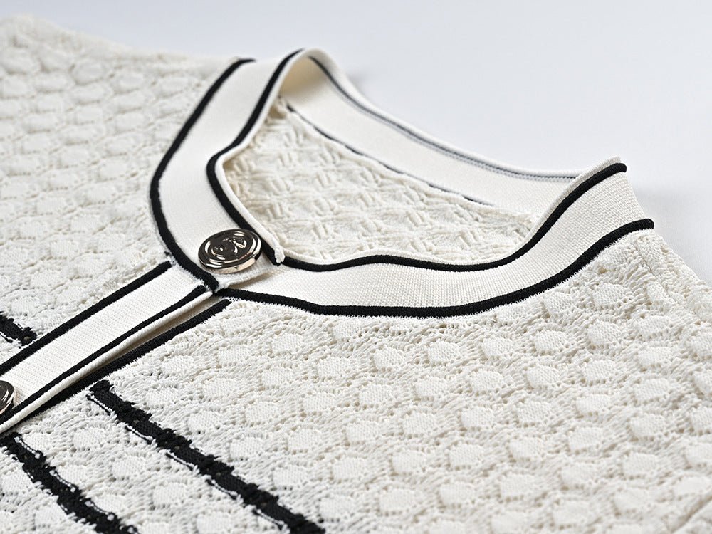 White Striped Midi Skirt and Cropped Cardigan Set in Cream and Black